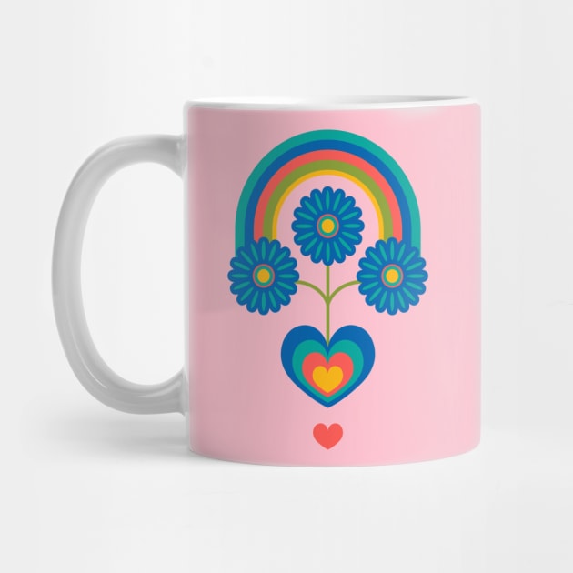 UNDER THE RAINBOW Folk Art Mid-Century Modern Scandi Floral With Flowers and Hearts on Pink - UnBlink Studio by Jackie Tahara by UnBlink Studio by Jackie Tahara
